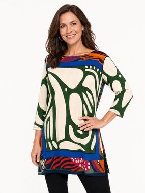 Eva Varro Abstract Art Print Tunic Top Size L NWOT Colorful Stretch Knit